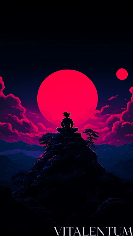 Meditative warrior contemplates colossal neon crimson moon.