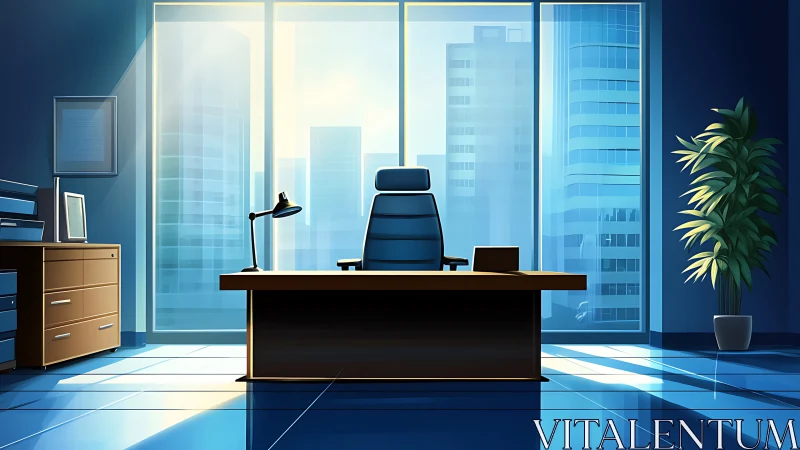 Executive office interior with panoramic urban skyline view