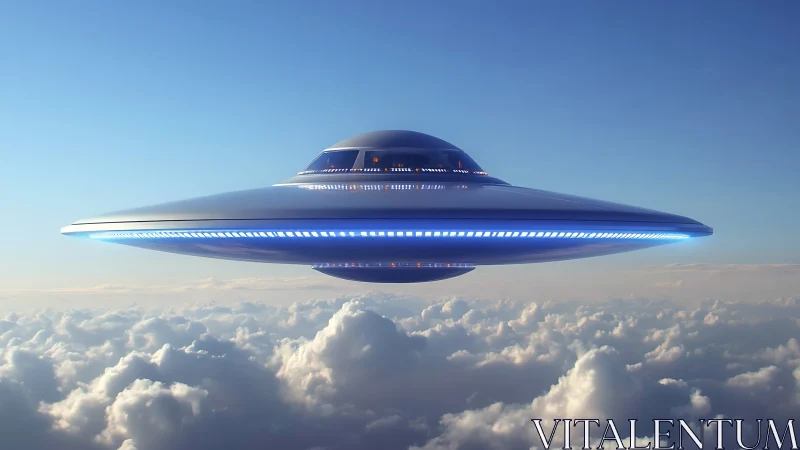 Elliptical metallic UFO with radial LEDs hovers aerodynamically above clouds