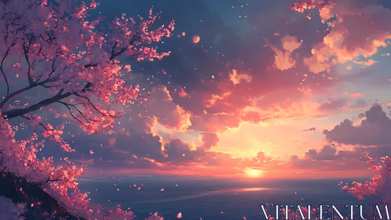 Digital seascape with cherry blossoms at sunset horizon.