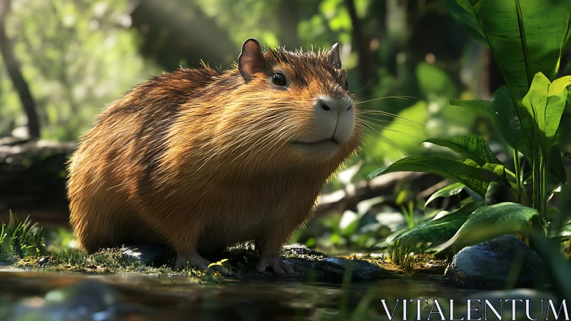 Capybara stands beside forest stream under dappled sunlight.