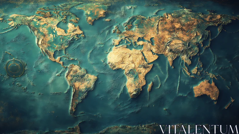 Textured world map with raised continental landforms depiction.