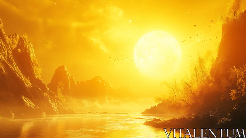Golden sun engulfs misty canyon river in blazing light.