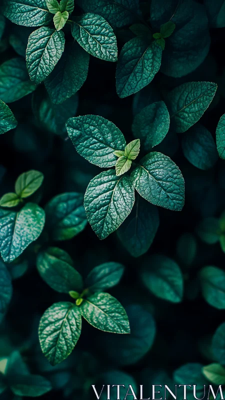 Overhead close-up view of textured green plant leaves.
