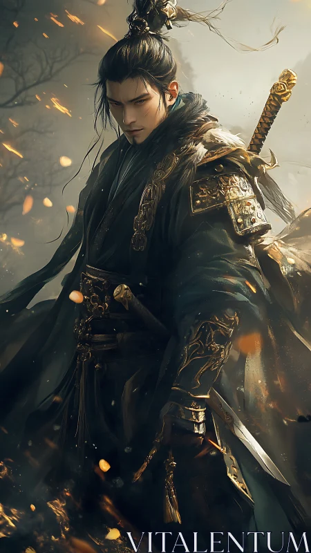 Storm-eyed Wuxia guardian draped in ember-kissed armor.