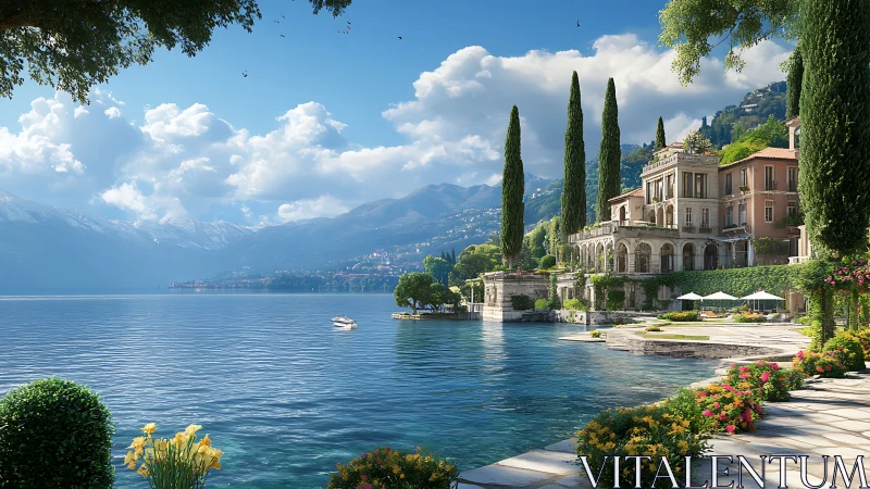 Sunlit lakeside villa leans into mountains and drifting clouds