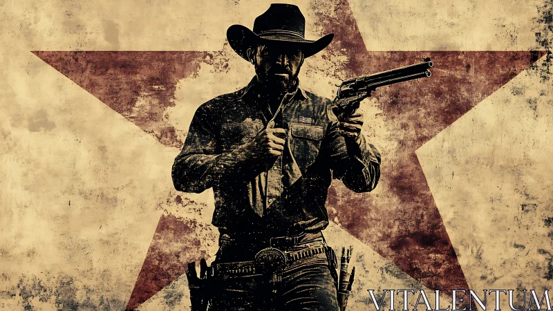 Weathered cowboy silhouette framed by a bold western star.