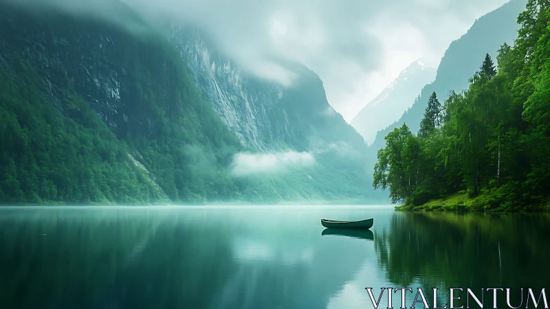 Lonely rowboat on misty mountain lake with green forest.