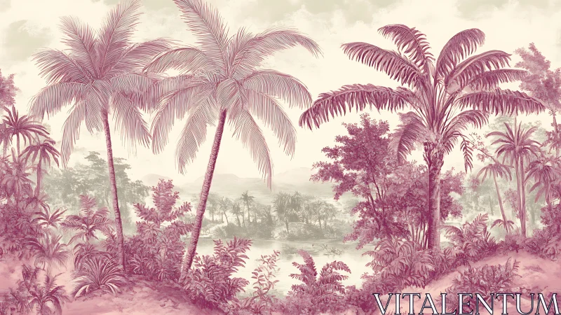 Monochrome tropical palms in detailed botanical landscape.