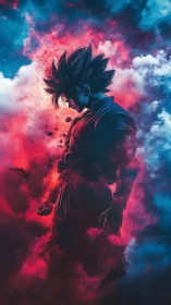 Silhouetted anime warrior in bifurcated nebular chromatic cloudfield.