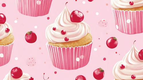 Cherry-Topped Cupcakes Against Pink Background.