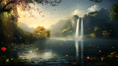 Backlit cascade and reflective lake in atmospheric fantasy valley