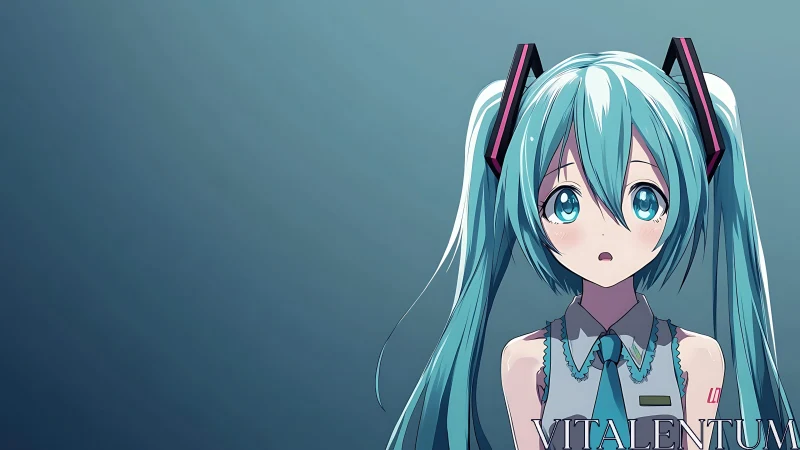 Blue haired anime girl with twin tails on teal background.