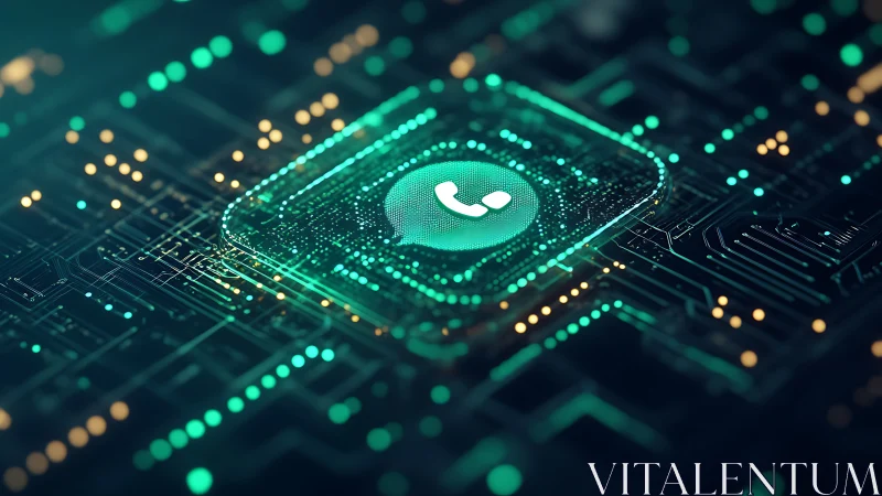 VoIP phone icon glowing on abstract teal digital circuit board