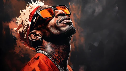 Chromatic portrait with reflective neon visor optics rendered.