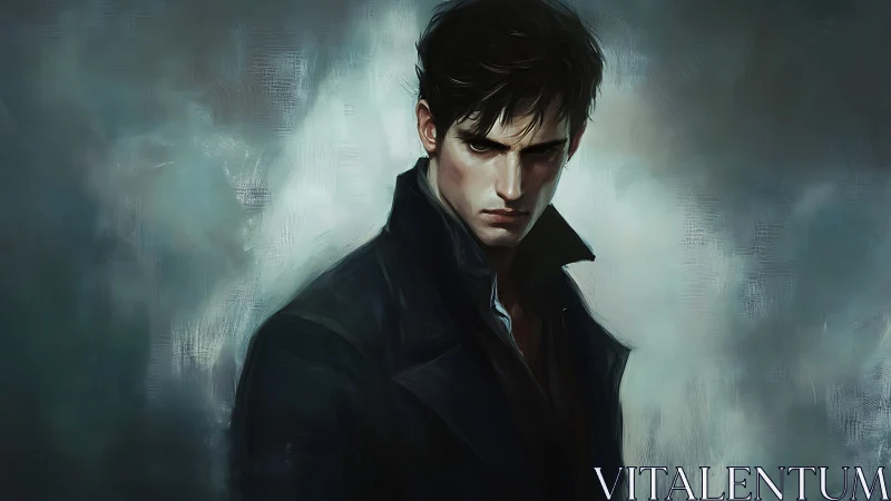 Brooding midnight wanderer cloaked in stormlit brushstrokes.