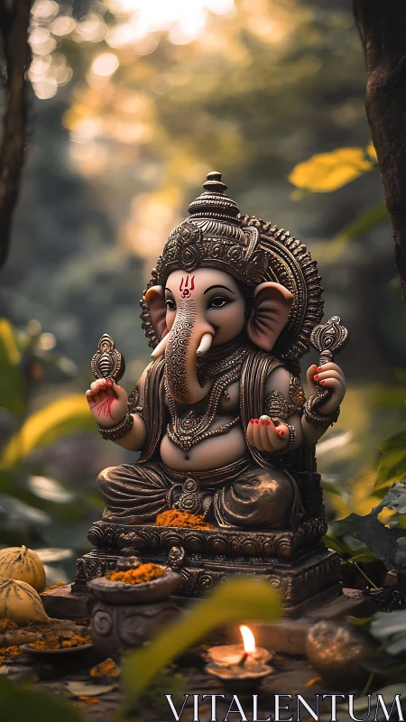 Ganesh idol glows in forest shrine with warm devotional light.
