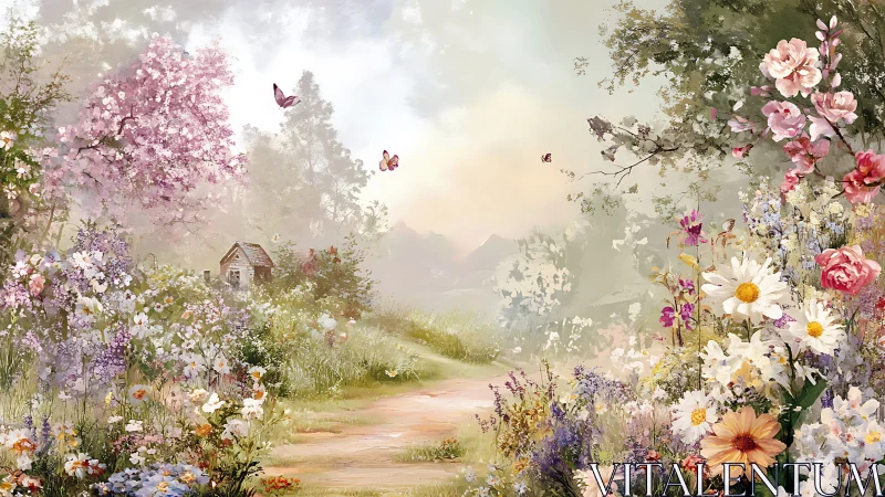 Spring meadow path with cottage and dense wildflower growth.