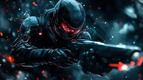 Neon-eyed cyber soldier lunges through ember-lit darkness.