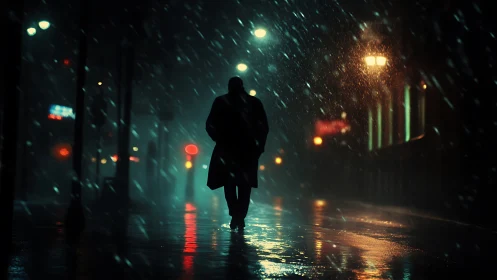 Silhouette in neon rain on nocturnal city street.