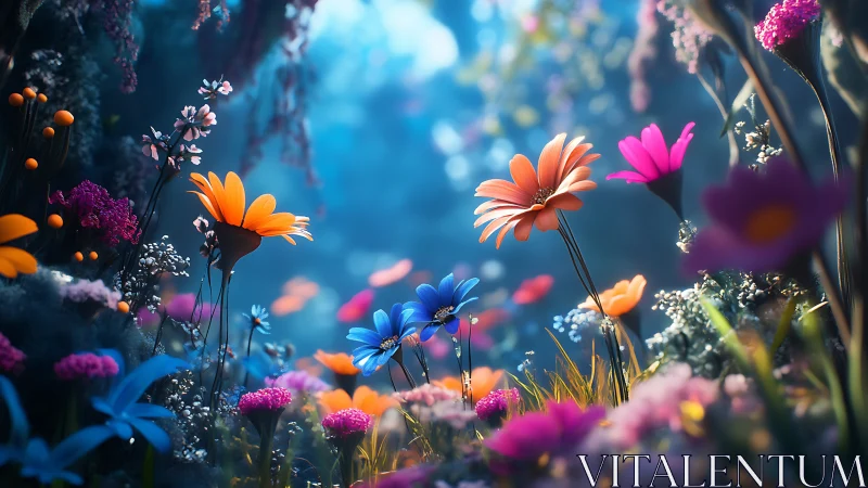 Vibrant digital meadow of colorful flowers in soft light.