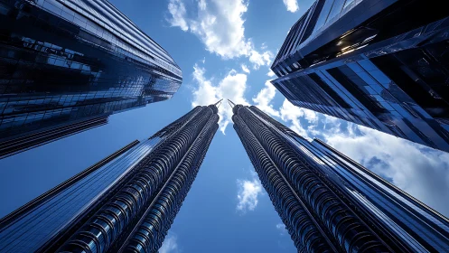Glass skyscrapers converge toward a central vanishing point