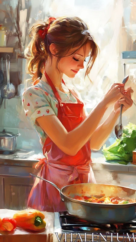 Young home cook stirs vibrant vegetable stew in sunlight