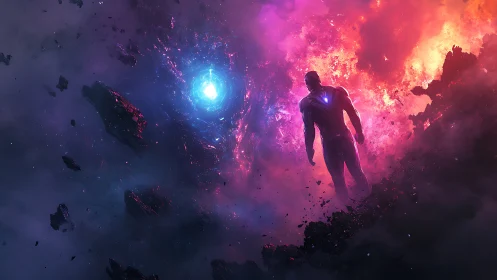 Cosmic singularity encounter with luminescent armored wanderer.