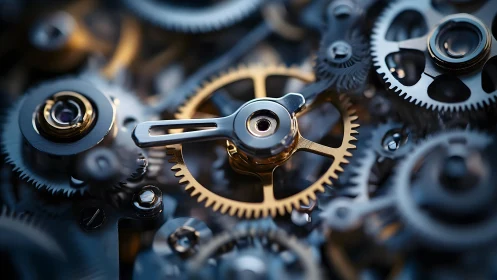 Close-up of Intricate Watch Gears in Metallic Steampunk Style.