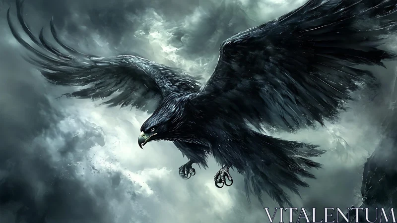 Digital painting of dark eagle in storm-laden atmospheric space.