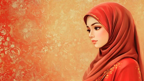 Elegant Woman in Red Hijab Against Ornate Floral Background.
