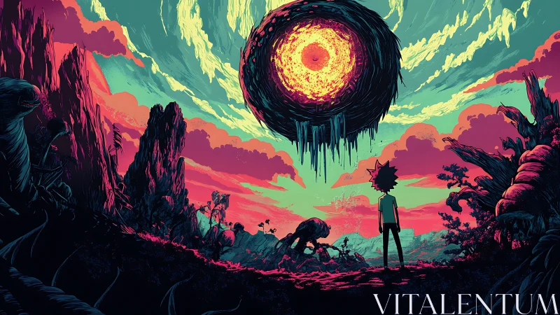 Boy confronts floating fiery eye over alien wasteland