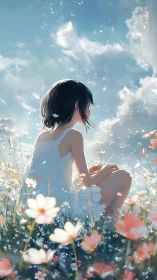 Girl in white dress sits in sunlit flower field under sky