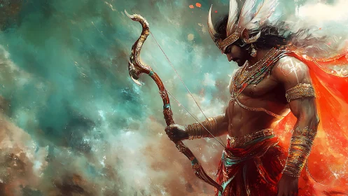 Mythic archer warrior in ornate armor against cloudy sky.