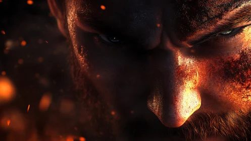 Ember-lit warrior locks eyes with the storm inside