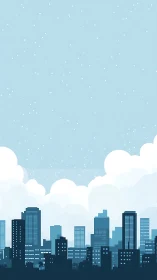 Stylized blue city skyline under cloudy, lightly speckled sky