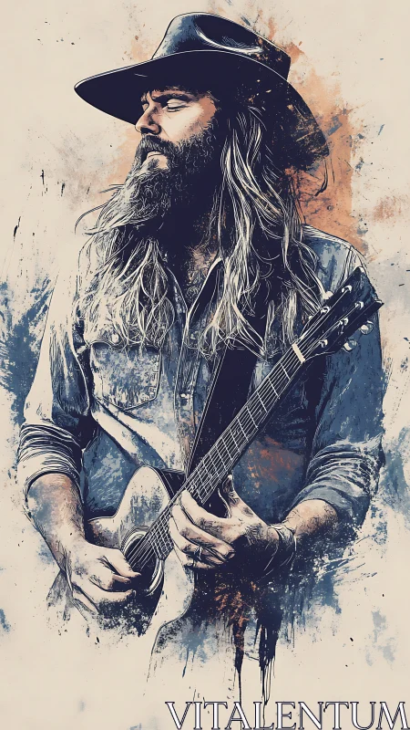 Bearded country guitarist stands in soulful watercolor haze