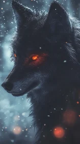 Fiery eyed wolf stands calm in a softly falling winter snow