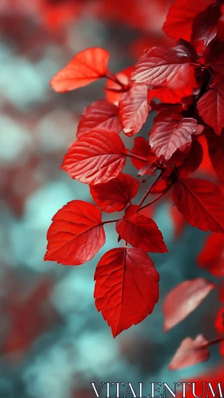 Crimson leaves suspended against teal bokeh glow.