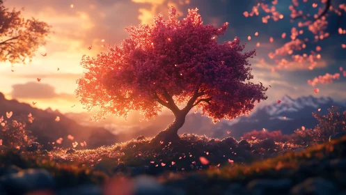 Sunlit blossom tree rendered with volumetric backlighting and bokeh