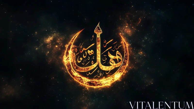 Luminescent Arabic crescent calligraphy in cosmic particle field.