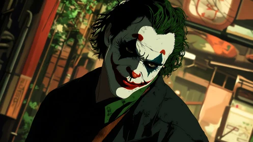 Clown masked figure in shadowed urban alleyway at night.