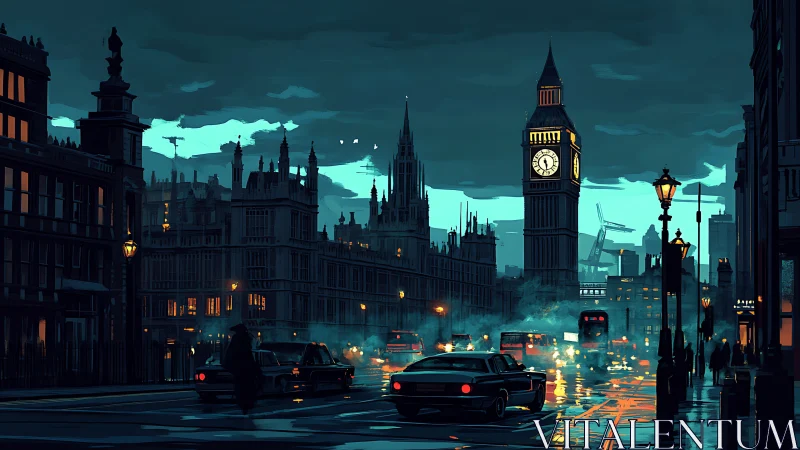 Moody London evening with glowing streets and Big Ben.