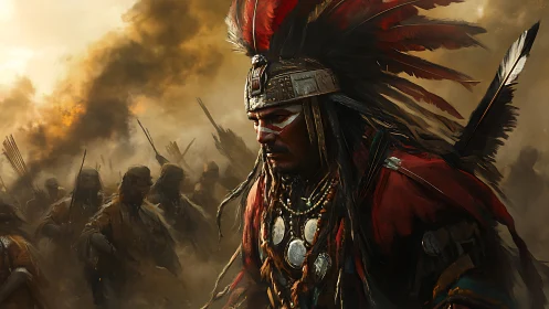 Indigenous warrior in feathered headdress before armed group.