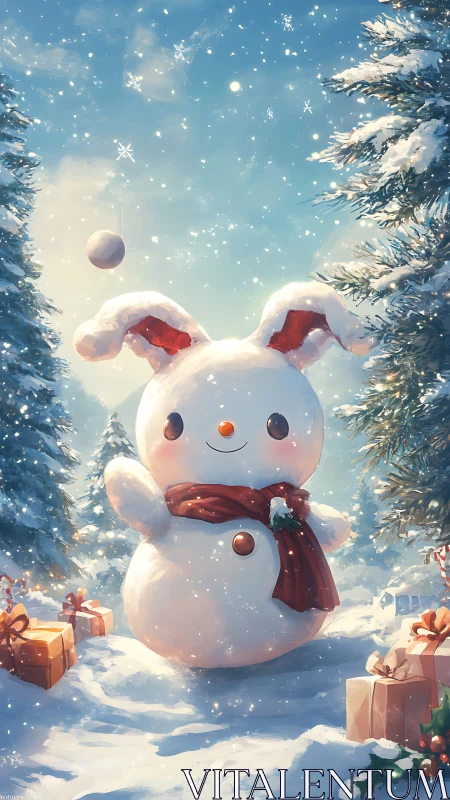 Snow rabbit snowman in pine forest with gifts and snowfall