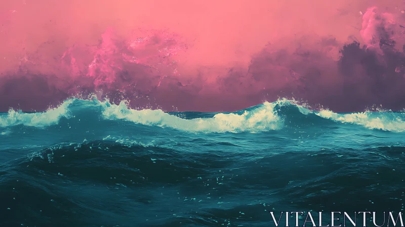 High-contrast cyan ocean waves under saturated magenta cloudfield
