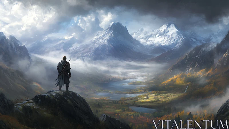 Lone wanderer surveying stormlit valley of sapphire rivers.