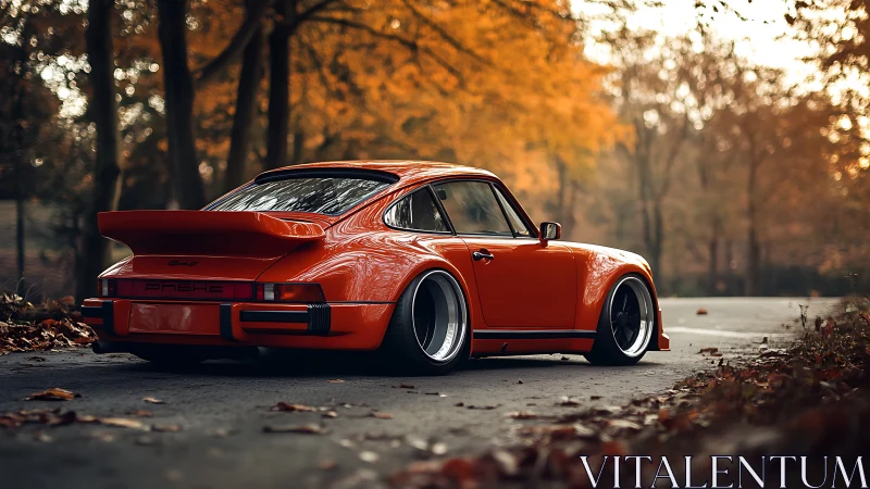 Classic orange sports coupe parked on quiet autumn road.