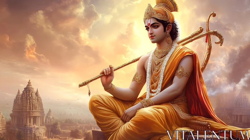 Sunlit warrior prince rests above ancient golden temples.