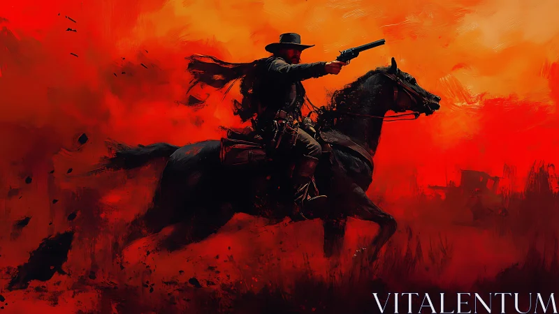 Gunslinger rides warhorse through blazing crimson dust storm.